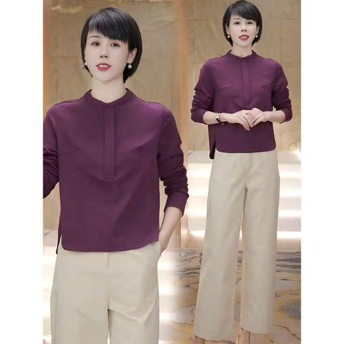 纯棉妈妈新款长袖t恤女2025春秋新款开叉打底衫宽松大码显瘦上衣