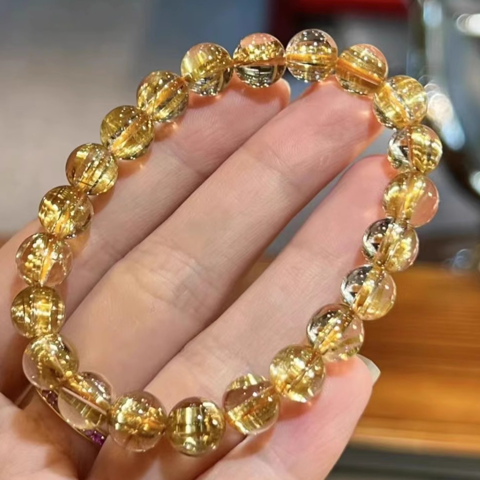 巴西天然金发晶收藏级钛晶手串手链女单圈金色水晶男女礼物情侣