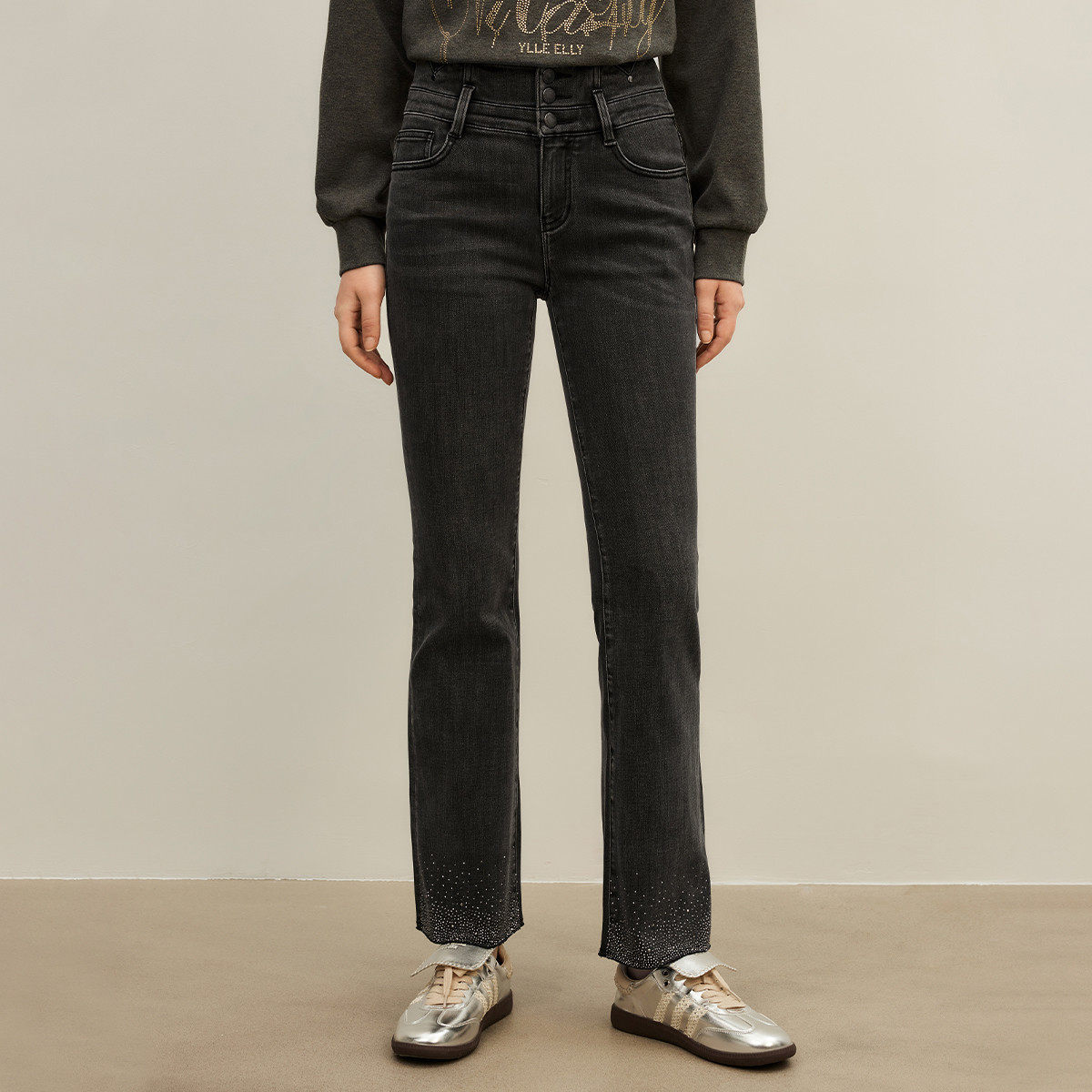 【廖廖粉丝专属】复古高腰牛仔裤女秋冬季精致烫钻设