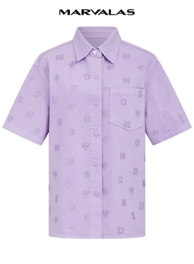 【廖廖粉丝专享】曼德诗牛仔衬衫春装新款棉衬衣烫钻设计上衣