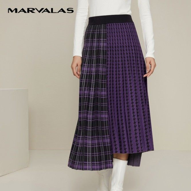 【粉丝专属】M250039曼德诗紫色拼接格纹半身裙女秋冬针织裙