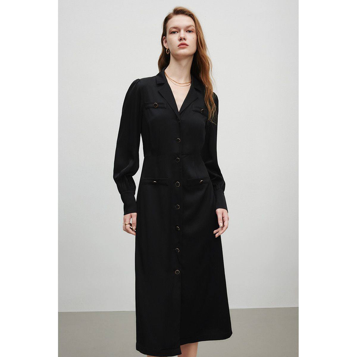 【粉丝专属】【曼德诗】极简气质连衣裙设计感灯笼袖别致翻领中长