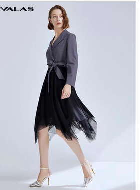 【呼呼严选粉丝专享】曼德诗西装拼接网纱连衣裙新款长袖套装时尚