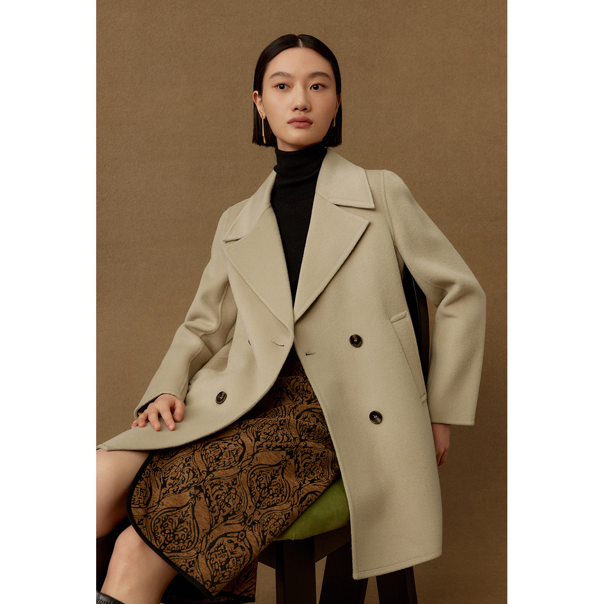 【粉丝专属】【商场同款】曼德诗双面呢全羊毛大衣翻领双排扣百搭