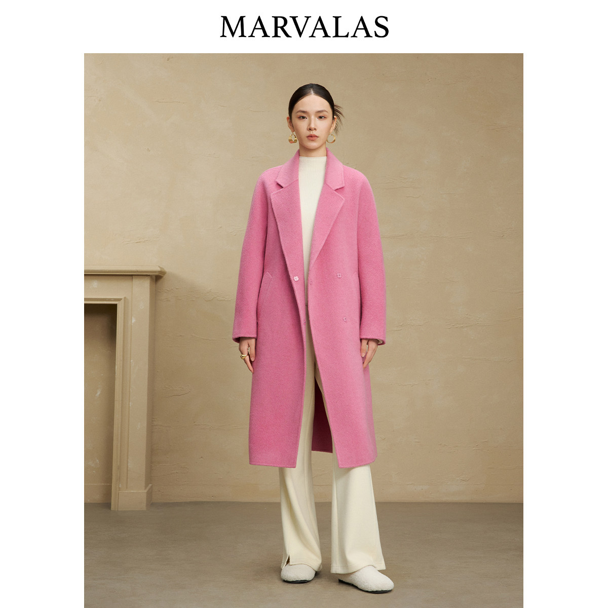 【廖廖粉丝专属】曼德诗桑蚕丝毛呢外套绵羊毛收腰粉色大衣