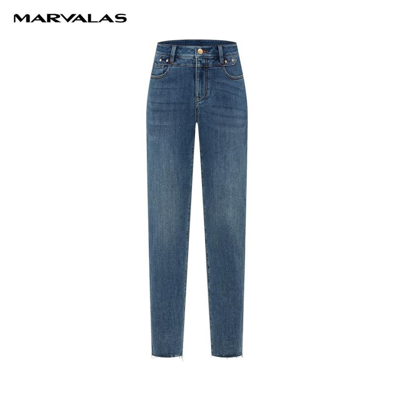 【呼呼专享】曼德诗高腰小脚裤棉质牛仔裤秋