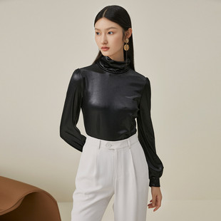 【粉丝专属】纯色百搭亮面丝绒T恤女秋季堆堆领灯笼袖打底衫33107