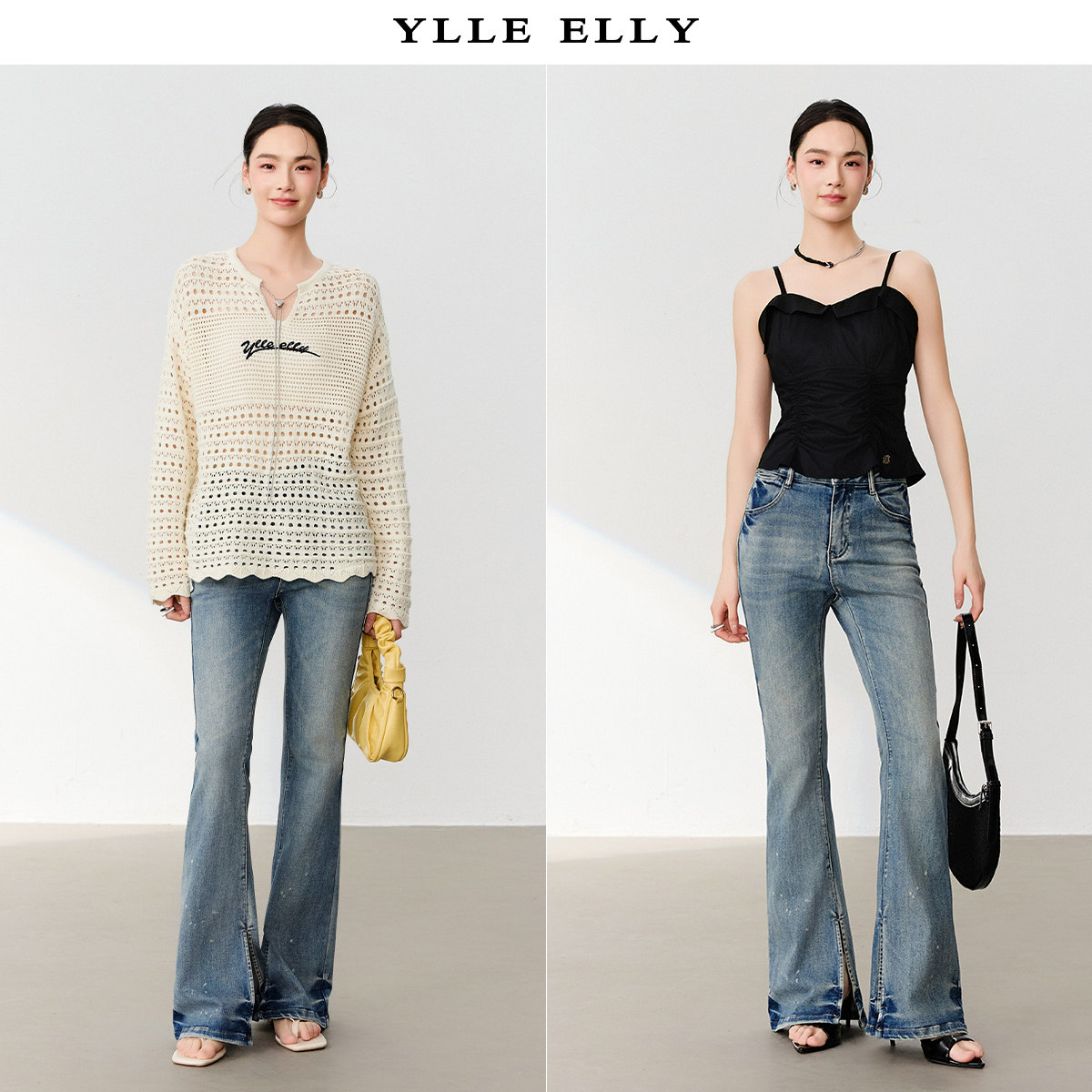 【粉丝专属】YLLE ELLY高腰牛仔裤2025夏季新款复古泼墨印花开叉