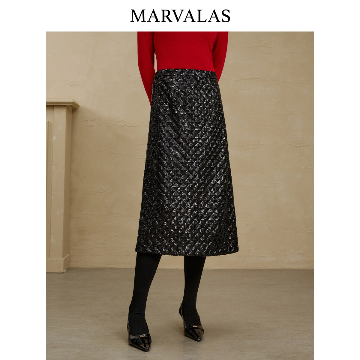 【添添粉丝专属】曼德诗高腰半身裙2025冬季新款复古菱格纹亮片设