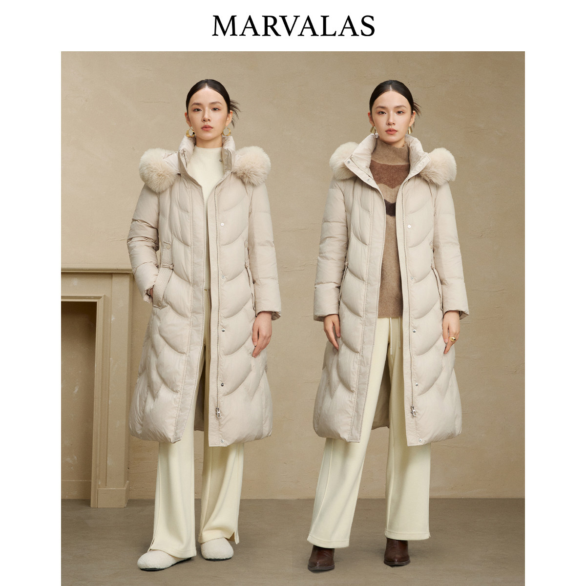 【廖廖粉丝专享】曼德诗长款羽绒服2025冬季新款连帽收腰设计纯色