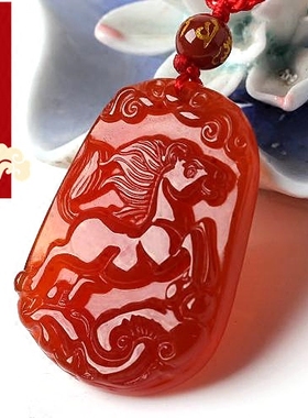 天然红玛瑙生肖吊坠项链新年礼物