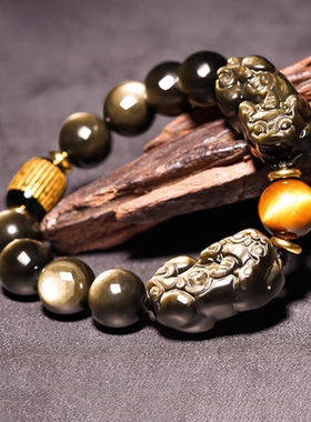 天然黑曜石手串招财双貔貅手链