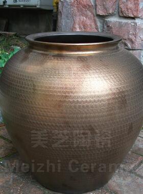 轻奢郁金色陶罐插花器摆件大号种花盆落地大花瓶流水景观坛子陶缸