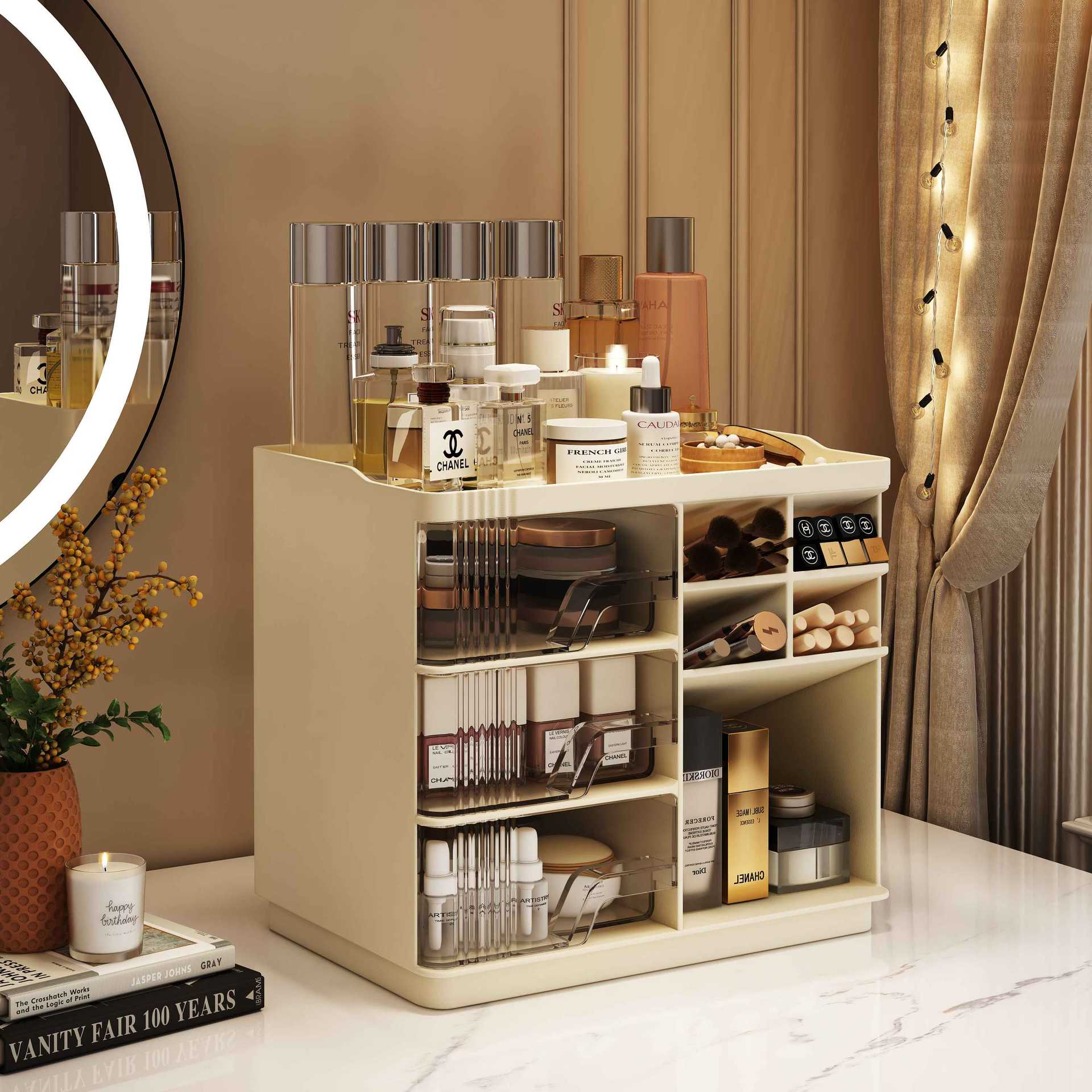 化妆品收纳盒桌面抽屉式口红面膜整理架子防尘梳妆台护肤品置物架