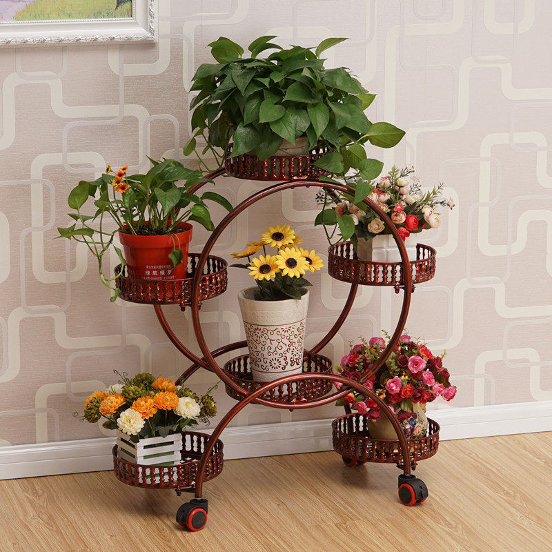 欧式带轮铁艺花架多层组装转角客厅简约田园盆景架移动置物架阳台