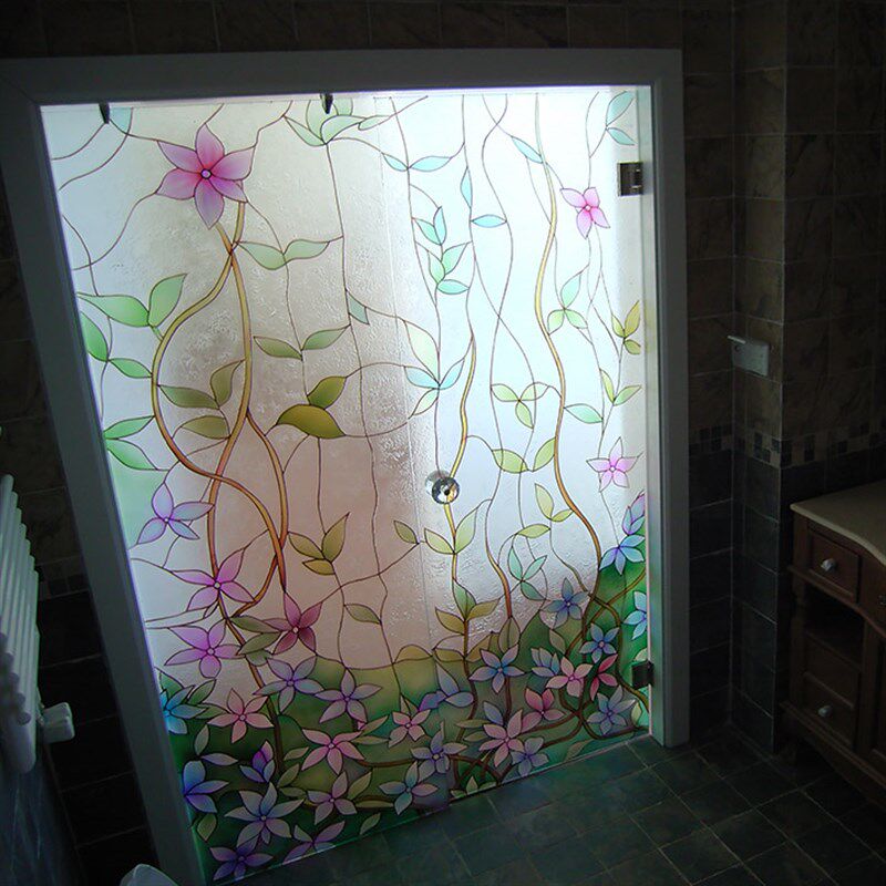 钢化雕刻工艺术玻璃玄关隔断屏风合页无框门自由粉叶双面效果实景