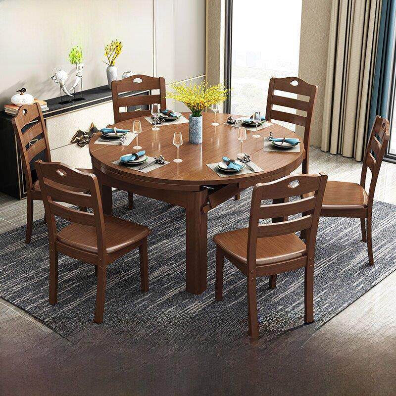 新中式实木餐桌现简约小户型家用可伸缩折叠圆桌餐桌圆桌餐桌