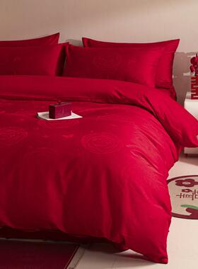 轻奢100支四件套红色结婚全棉贡缎套床单婚礼喜被床上用品婚嫁4
