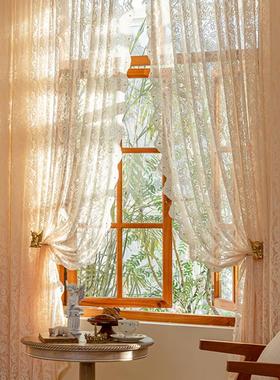 法式免打孔纱帘魔术贴穿杆窗帘纱帘蕾丝客厅隔间帘阳台飘窗门帘