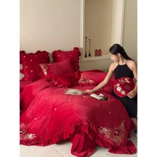 冬季 保暖230g牛奶绒婚庆四件套贴布刺绣荷叶花边结婚被套床单床笠