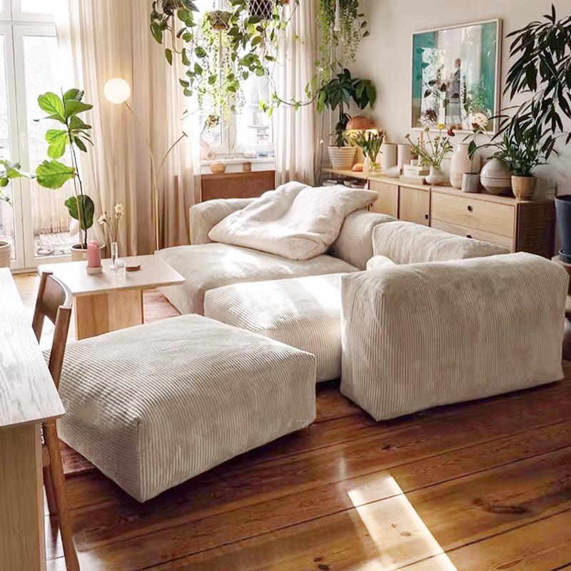 北欧侘寂风懒人沙发可躺可睡小户型客厅灯芯绒沙发豆腐块布艺沙发