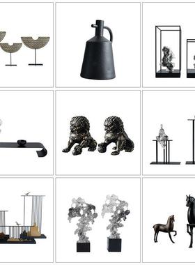 新中式禅意高级感家居软装样板房酒柜太湖石狮子摆件办公室售楼处