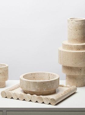 极简侘寂风黄洞石摆件餐桌烛台装饰品天然大理石花瓶花器托盘饰品