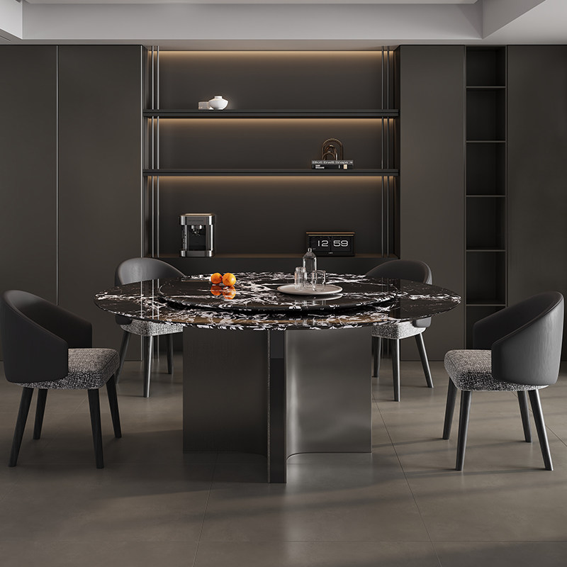 斯帝罗兰宝格丽黑大理石餐桌椅组合大小户型圆形大圆桌高档加厚款