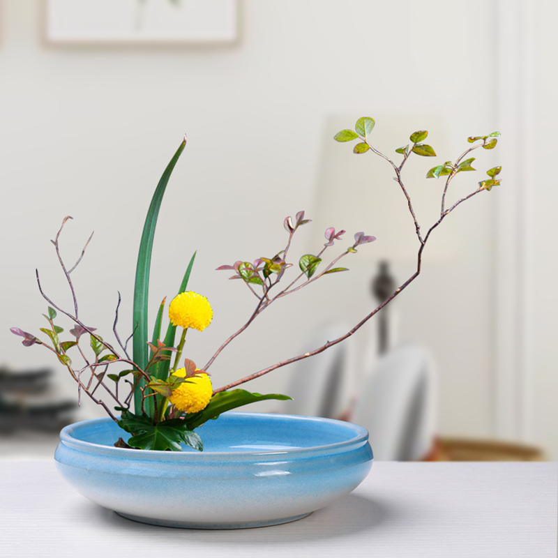 禅意剑山插花器套装水培铜钱草陶瓷花盆复古圆盘苔藓器皿桌面水仙