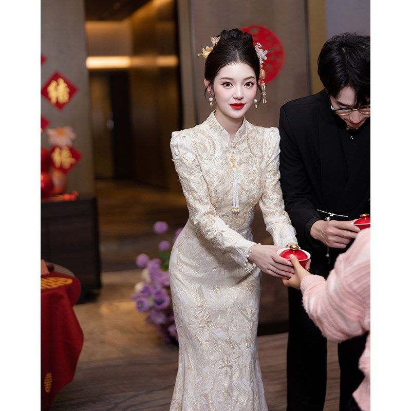 香槟色鱼尾晚礼服女高级感秋冬订婚衣服新中式敬酒服新娘结婚旗袍