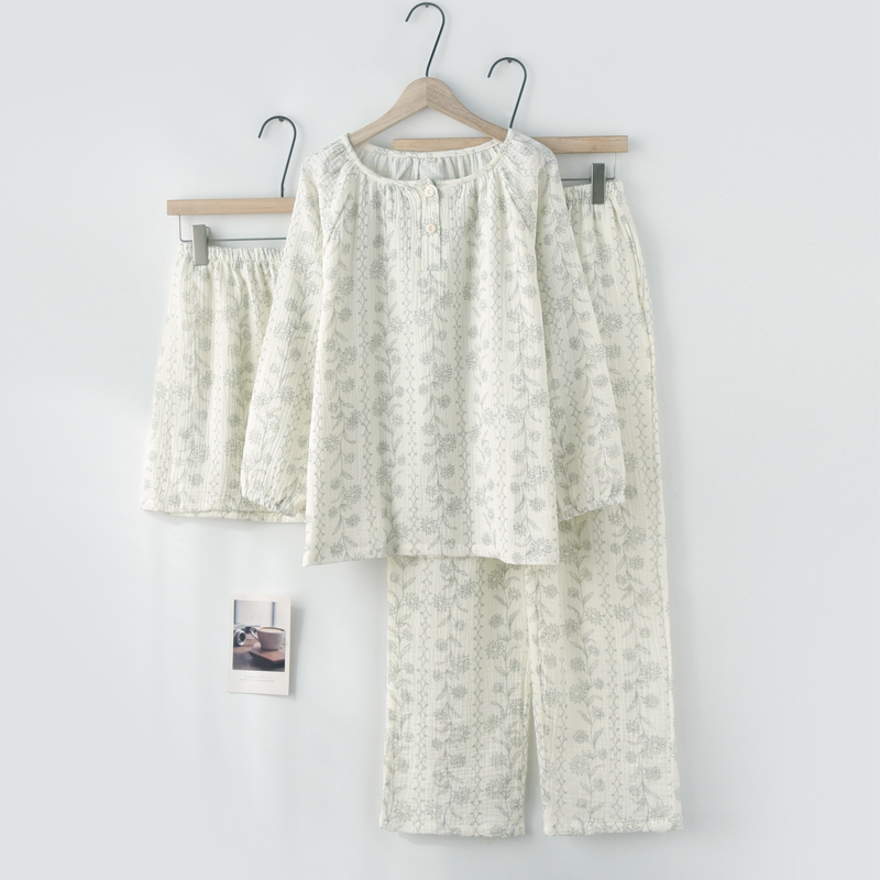 复古睡衣女士春秋夏季纯棉纱布薄款长袖长裤短裤三件套家居服套装