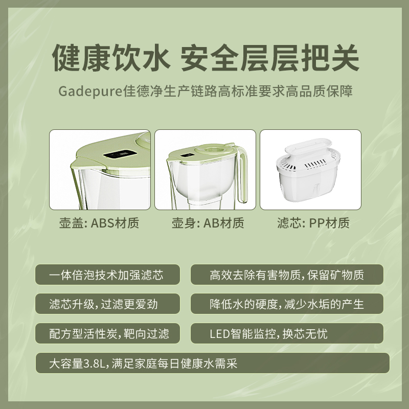 佳德净倍滤净水壶家用大容量滤水壶除水垢余氯自来水过滤器净水杯