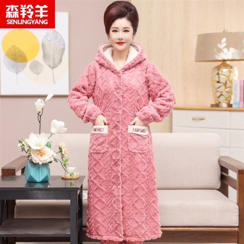 珊瑚绒睡衣女秋冬季睡袍妈妈加厚浴袍连帽中长款家居服加大码套装