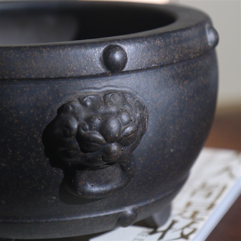 紫砂花盆仿古大花盆手工禅意圆形狮子兽面中国风古风盆景盆觅陶乡