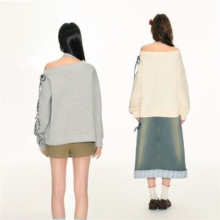 FPMZ 格纹撞色贴布绣一字肩斜肩卫衣贴条蝴蝶结绑带长袖T恤上衣