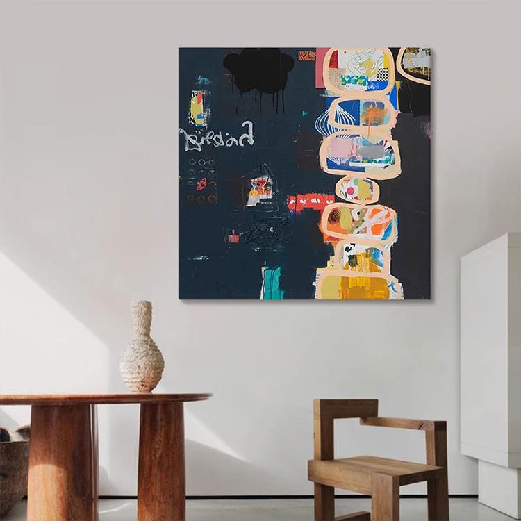 黑色抽象卡通客厅油画餐厅儿童房装饰画玄关小众艺术简约挂画图片