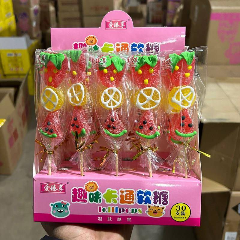 送儿童创意可爱草莓西瓜水果造型葫芦串串烧软糖棒棒糖整箱批散装