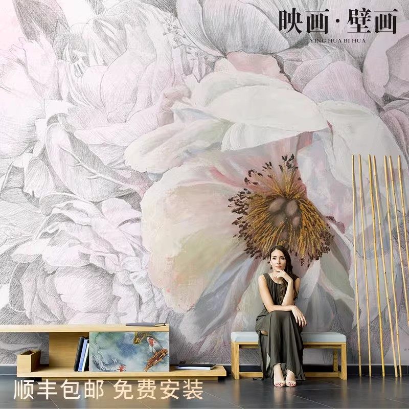 北欧手绘抽象复古白色花朵壁纸客厅电视背景墙纸无缝浮雕壁画墙布,家装主材,定制壁画,淘宝优惠券,粉丝福利购,淘宝优惠卷
