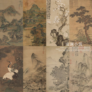 宋氏新中式美学古画竖版玄关花鸟中古风茶室背景墙墙布壁画壁纸