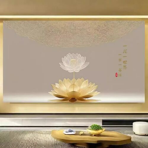 中式静心莲花禅意背景壁画客厅画