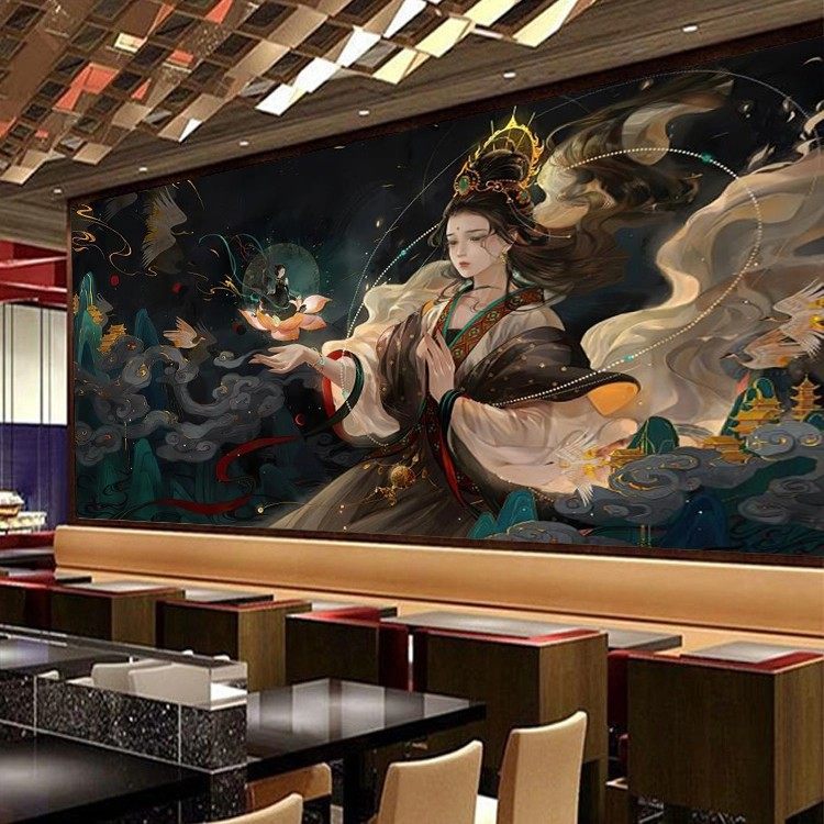 5D敦煌飞天仙女墙纸中国风墙布中餐厅茶室中式壁画古玩店背景壁布