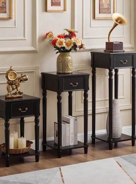 黑色复古实木花架客厅置物架带抽屉花几复古风格花盆架落地式花几