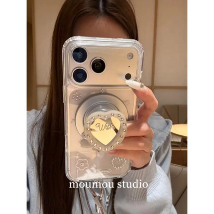 MOMOMOSTUDIOS小众ins早春点钻花朵镜面爱心磁吸支架适用iPhone17promax新款16pro苹果手机壳15pro双层14全包