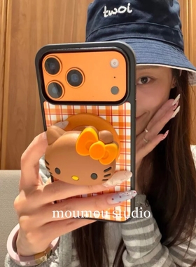 MOMOMOSTUDIOS韩系ins可爱橙色格纹KT猫磁吸支架适用iPhone17promax新款16pro苹果手机壳15pro全包14防摔13软