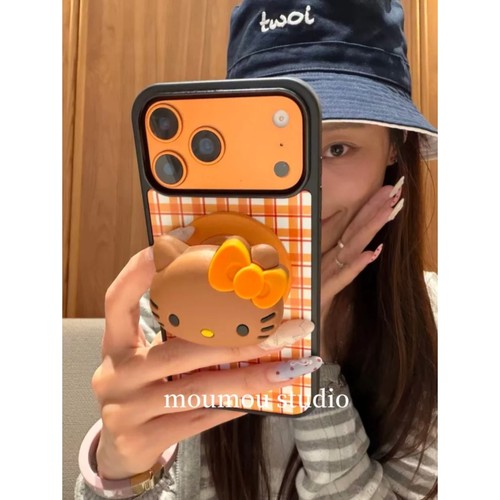 韩系ins可爱橙色格纹KT猫手机壳