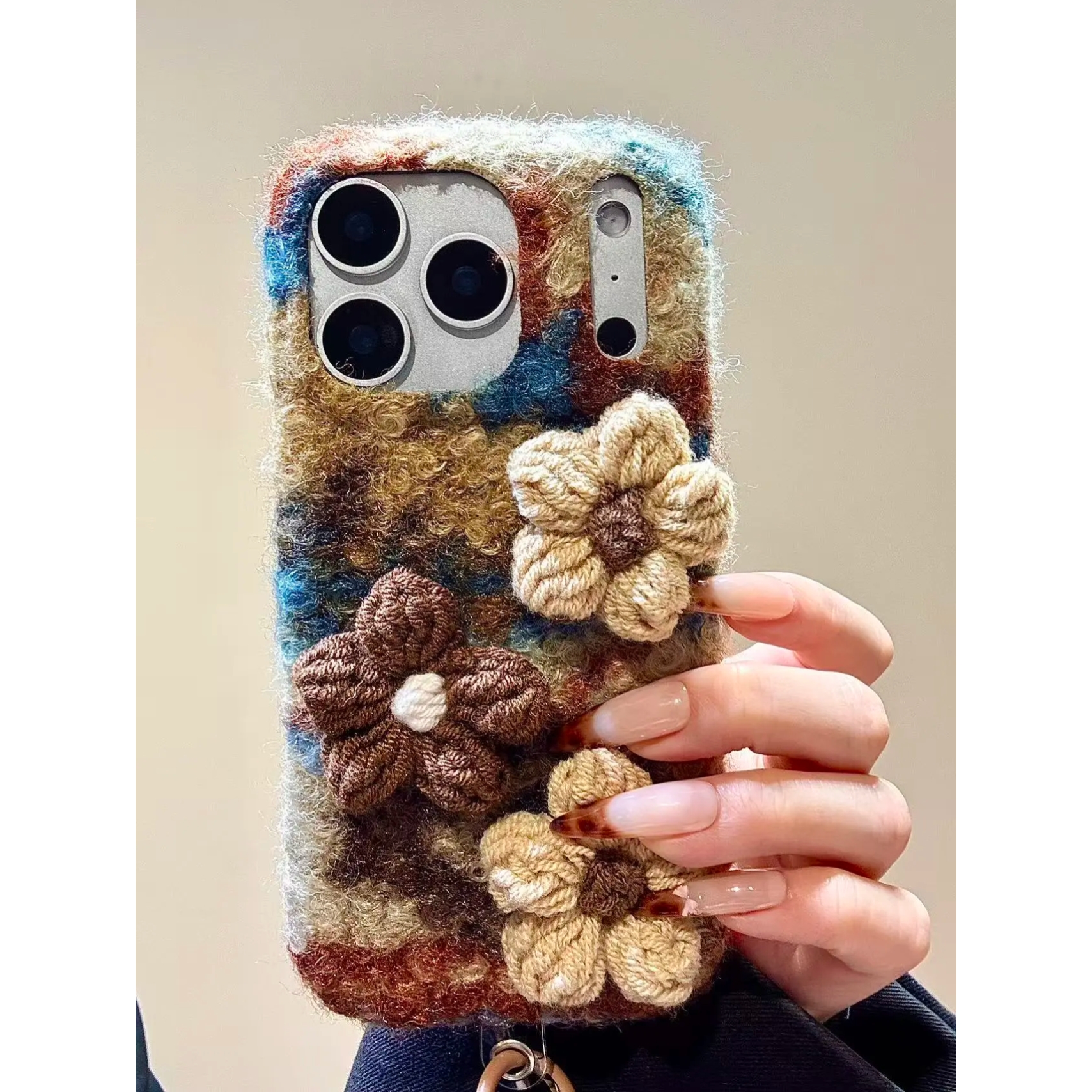 韩系ins毛绒晕染立体花朵手机壳