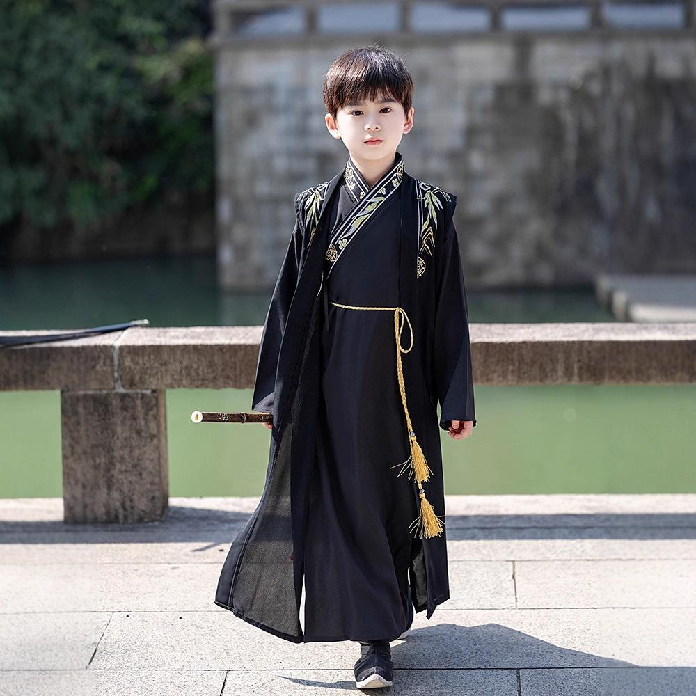 男童汉服2025新款中国风古装公子国学侠客超帅表演武侠风黑色走秀