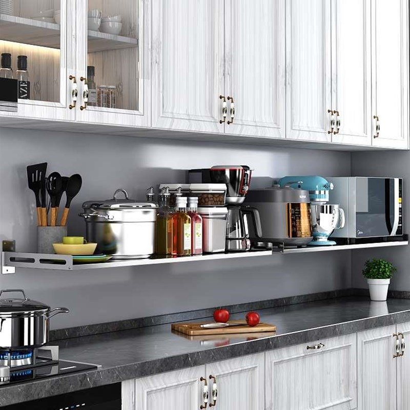 不锈钢微波炉架子壁挂式厨房置物架收纳免打孔墙上碗架调料品搁板