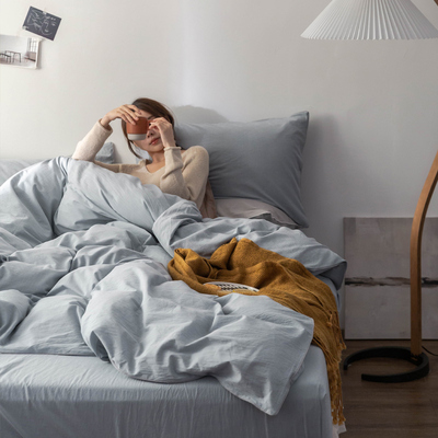 纯棉素色床单被套蓝色灰色四件套床上用品纯色单人三件套1.2m床笠