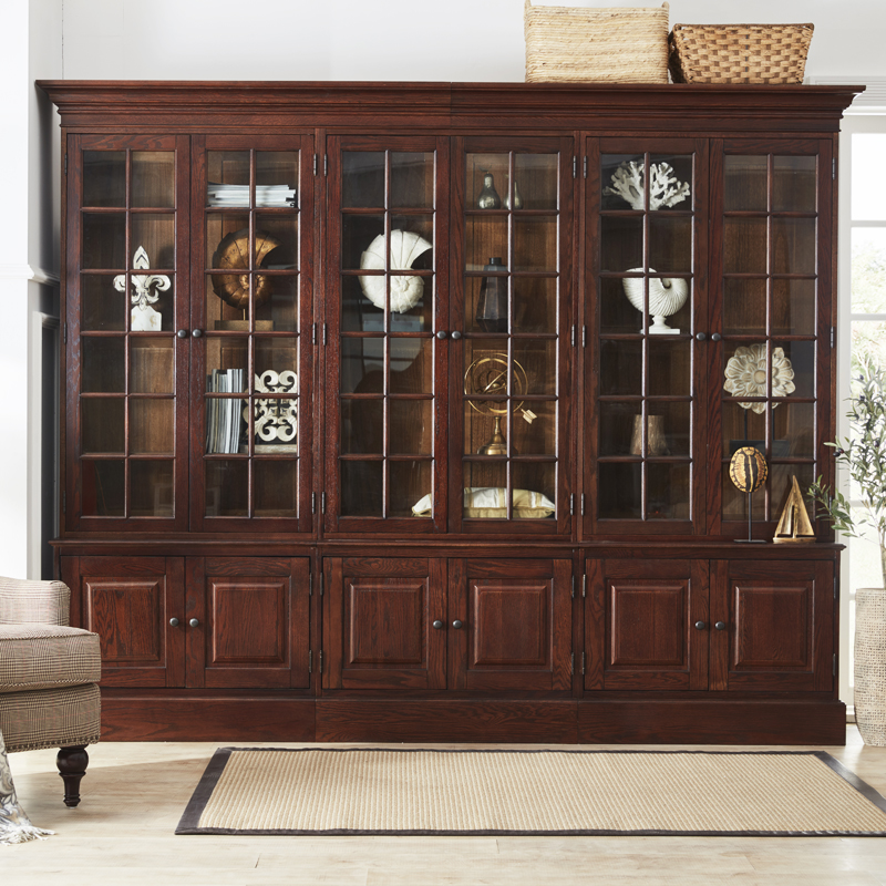 美式红橡全实木书柜整面墙带玻璃门防尘书房家用落地组合大书橱架